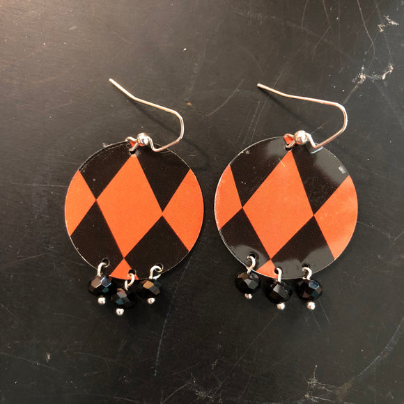 Black and Orange Circle Tin Earrings with Bead