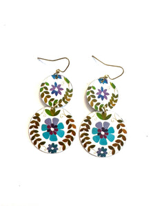 Two Tiered Blue and Purple Floral Tin Earrings