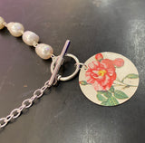 Pink Roses with Freshwater Pearls Tin Necklace with Toggle Clasp