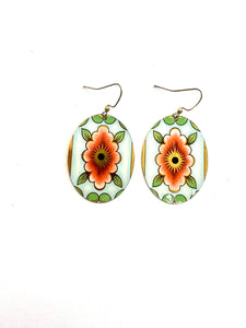 Pink and Green Floral Oval Tin Earrings