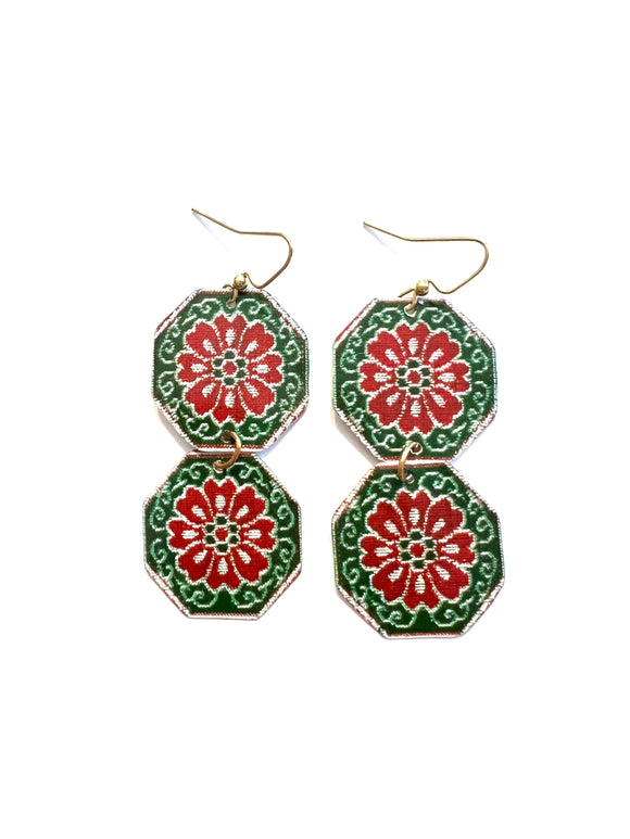 Two Tiered Red and Green Patterned Tin Earrings