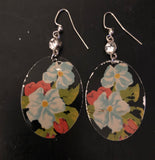 Light Blue and Red Floral on Black Tin Earrings with Bead