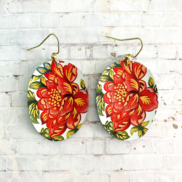 Coral Flowers Oval Tin Earrings