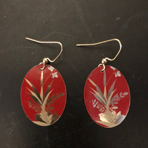 Gold Fauna on Red Oval Tin Earrings
