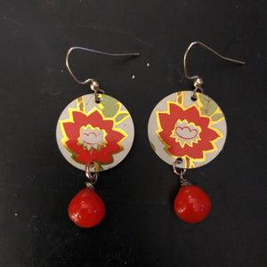 Red Flower Circle Tin Earrings with Beads