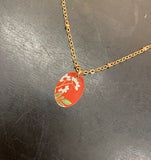 Tiny Red with Blue Floral Oval Tin Necklace