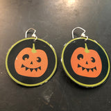 Smiley Scary Pumpkin Circle Tin Earrings