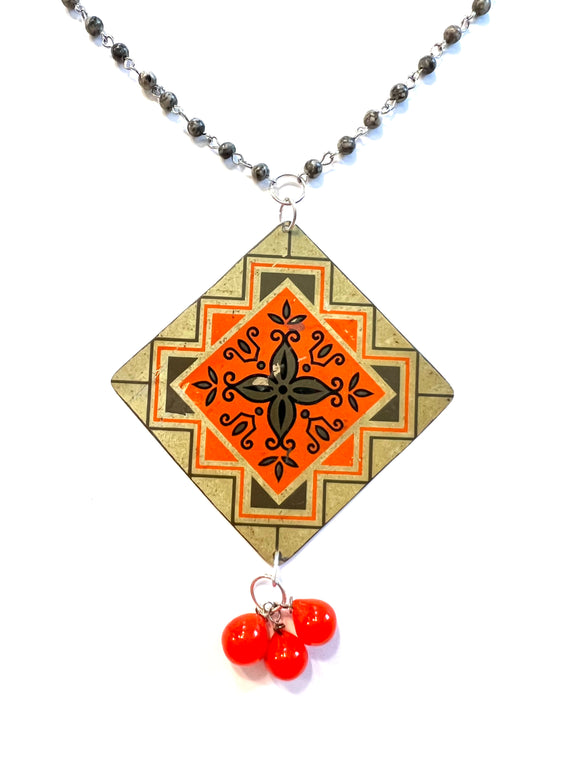 Orange and Grey Square Tin Necklace with Beads