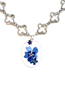 Blue Floral Tin Necklace with Rhinestones