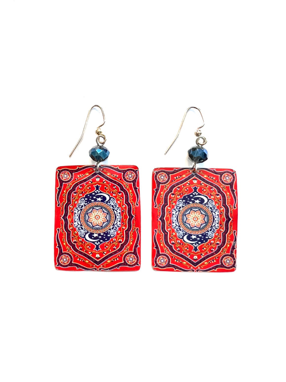 Red and Royal Blue Tin Earrings with Moon and Stars