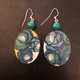 Blue and Green Floral Tin Earrings with Green Beads