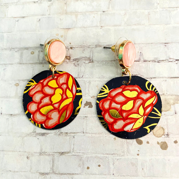 Pink and Coral Floral Post Tin Earrings