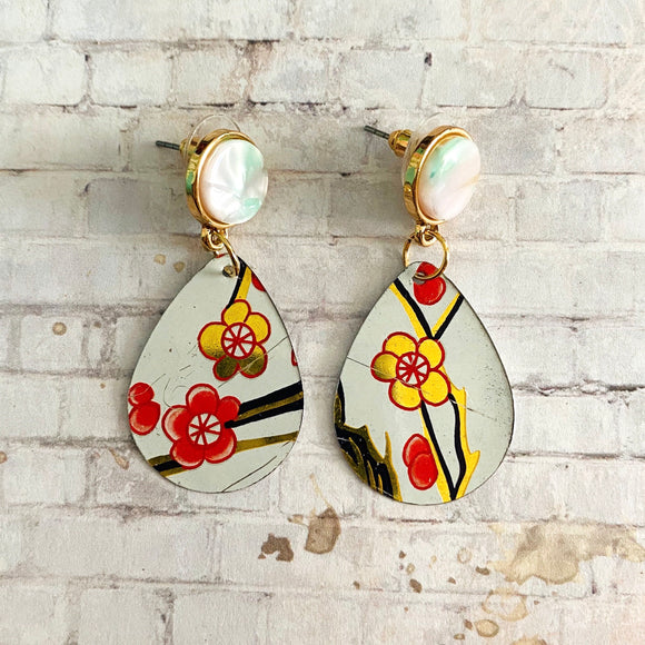 Coral and Gold Floral Tin Post Earrings