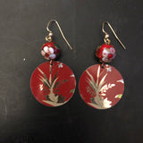 Red with Gold Floral Tin Earrings with Cloisonné Beads