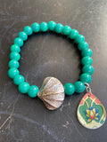 Green Glass Bead Silver Ginkgo Leaf Tin Charm Bracelet