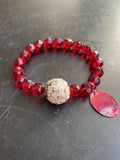 Red Glass and Reclaimed Shell Bead Tin Charm Bracelet