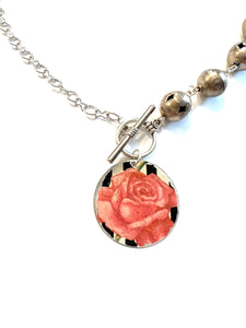 Pink Rose on Black and White Stripes Tin Necklace with Beads