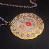 Circle Red and Blue Floral with Gold Tin Necklace