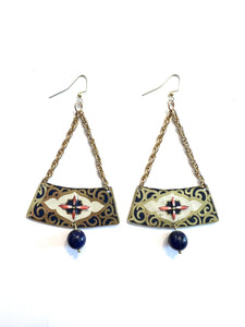 Navy and Gold Filigree Tin Earrings with Beads