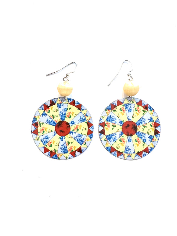 Yellow and Blue Quilt Pattern Tin Earrings with Fabric Beads