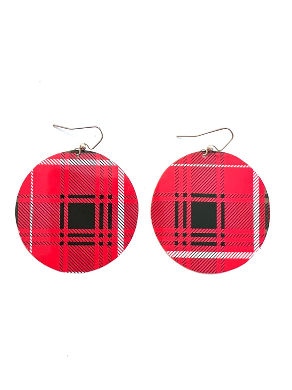 Large Red and Black Plaid Circle Tin Earrings