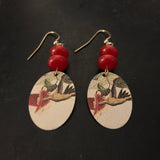 Hummingbird in Flower Oval Tin Earrings with Beads