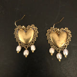 Gold Floral Hearts Tin Earrings with Freshwater Pearls