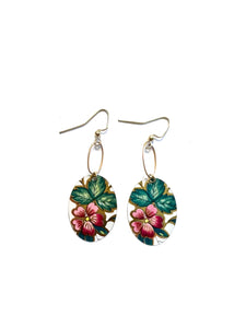 Pink and Green Floral Tin Earrings with Gold Hoop