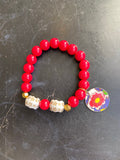 Red Glass and Gold Floral Bead Tin Charm Bracelet