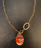 Red Tin with Blue and Gold Floral Tin Necklace with Rhinestone Beads