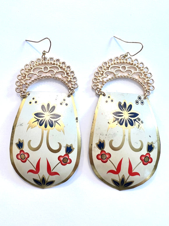 Blue and Red Floral Tin Earrings with Gold Embellishments