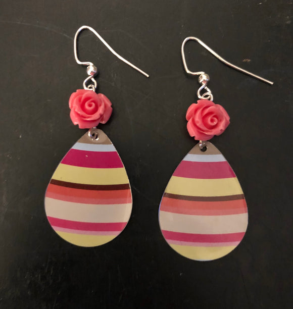 Pinks and Yellows Striped Tin Earrings with Resin Rose