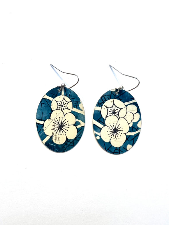 White Cherry Blossoms on Blue Tin Earrings