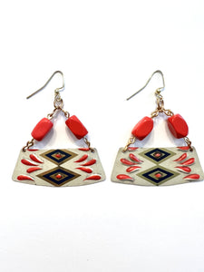 Navy, Coral and Gold Patterned Tin Earrings with Vintage Beads