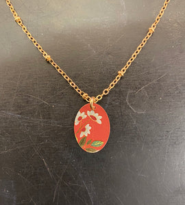 Tiny Red with Blue Floral Oval Tin Necklace