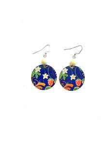 Royal Blue with Strawberries Tin Earrings with Yellow Beads