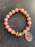 Pink Quartz and Shell Bead with Gold Tin Charm Bracelet