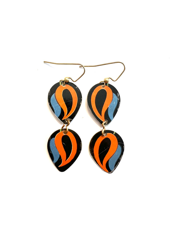 Two Tiered Orange and Blue Leaf Inspired Tin Earrings