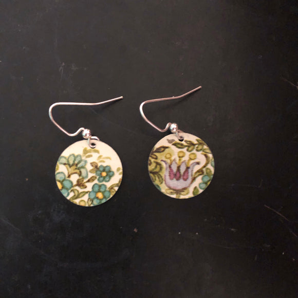 Blue and Lavender Floral Circle Tin Earrings