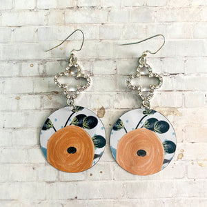 Orange Floral Tin Earrings with Rhinestone Quatrefoil Beads