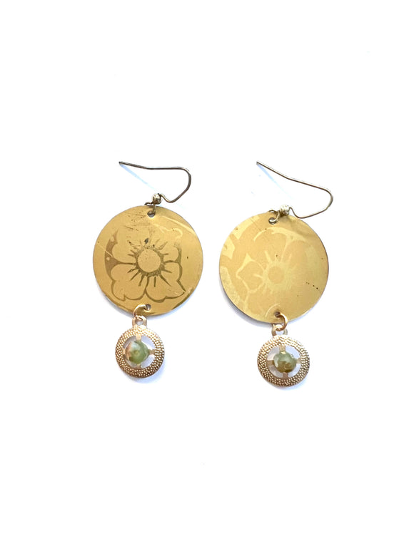 Gold Floral Circle Tin Earrings with Bead