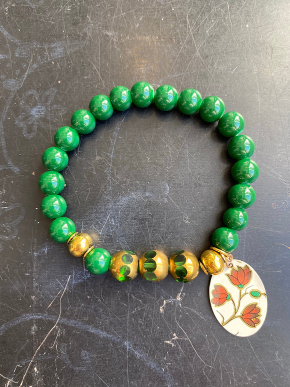 Green and Gold Beaded Floral Tin Charm Bracelet