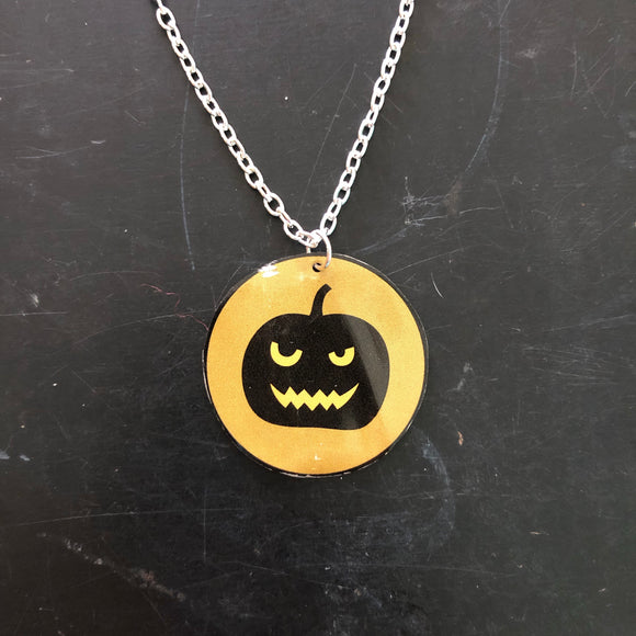 Scary Pumpkin Circle Tin Necklace
