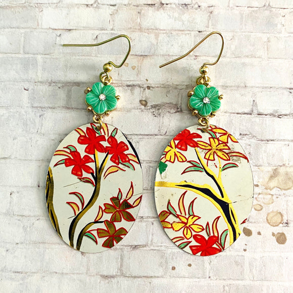 Coral and Gold Floral Tin Earrings