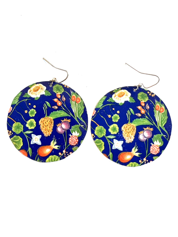 Berries and Fruits on Blue Tin Earrings