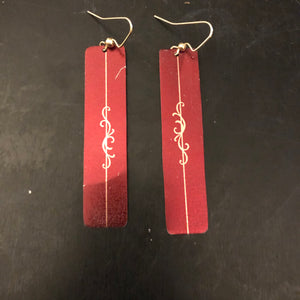 Thin Burgundy Rectangle with Gold Filigree Tin Earrings