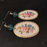 Pink Rose Floral Oval Tin Earrings with Beads