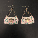 Large Pink, Navy, Green and Gold Floral Tin Earring