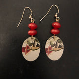 Hummingbird in Flower Oval Tin Earrings with Beads
