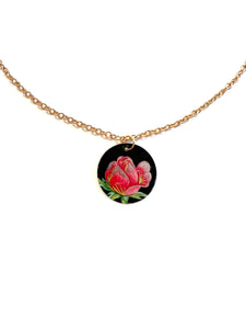 Pink Rose on Black Tin Necklace